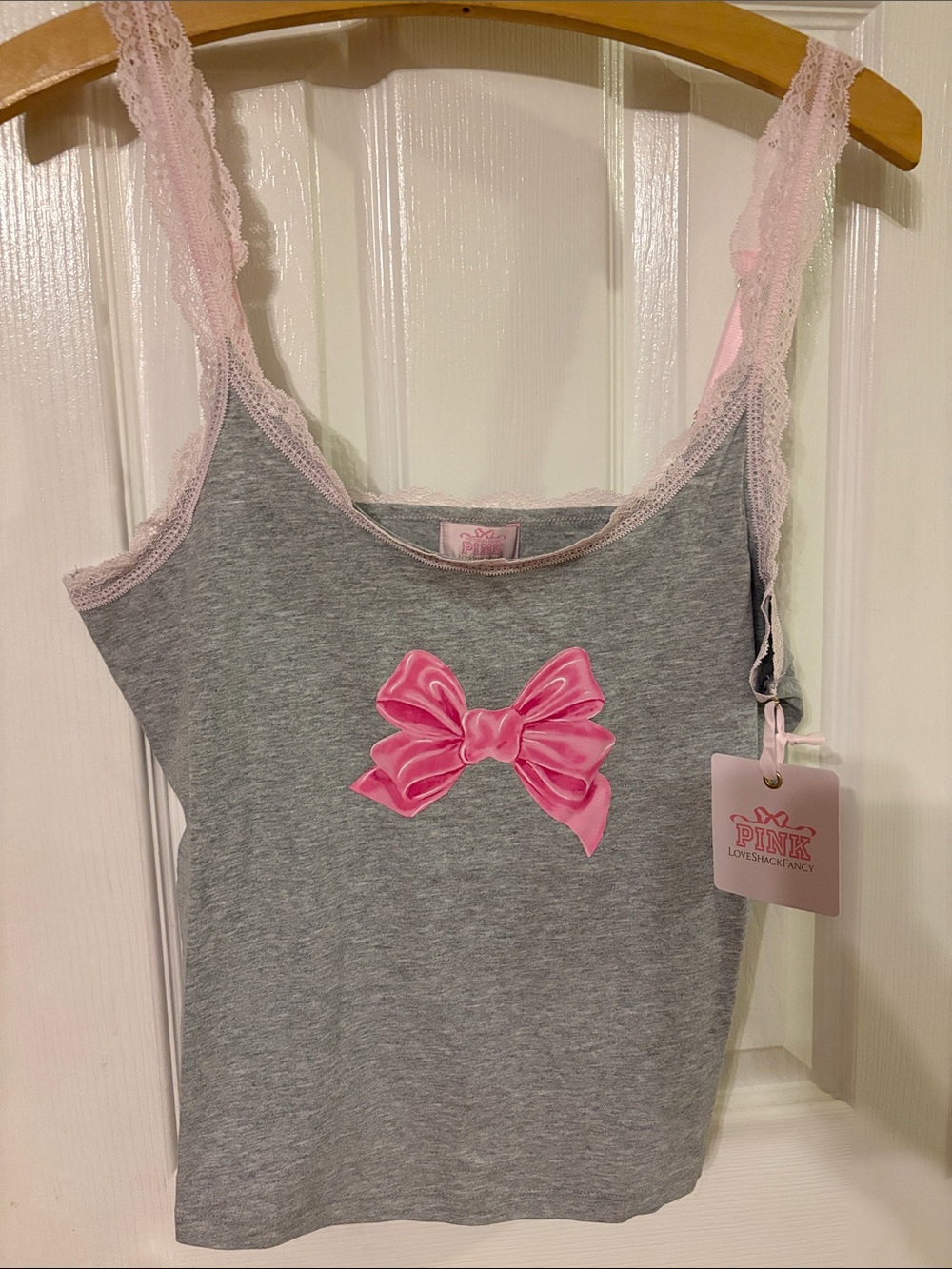 PINK NWT Love Shack Fancy collaboration Grey Tank with Pink Bow Detail